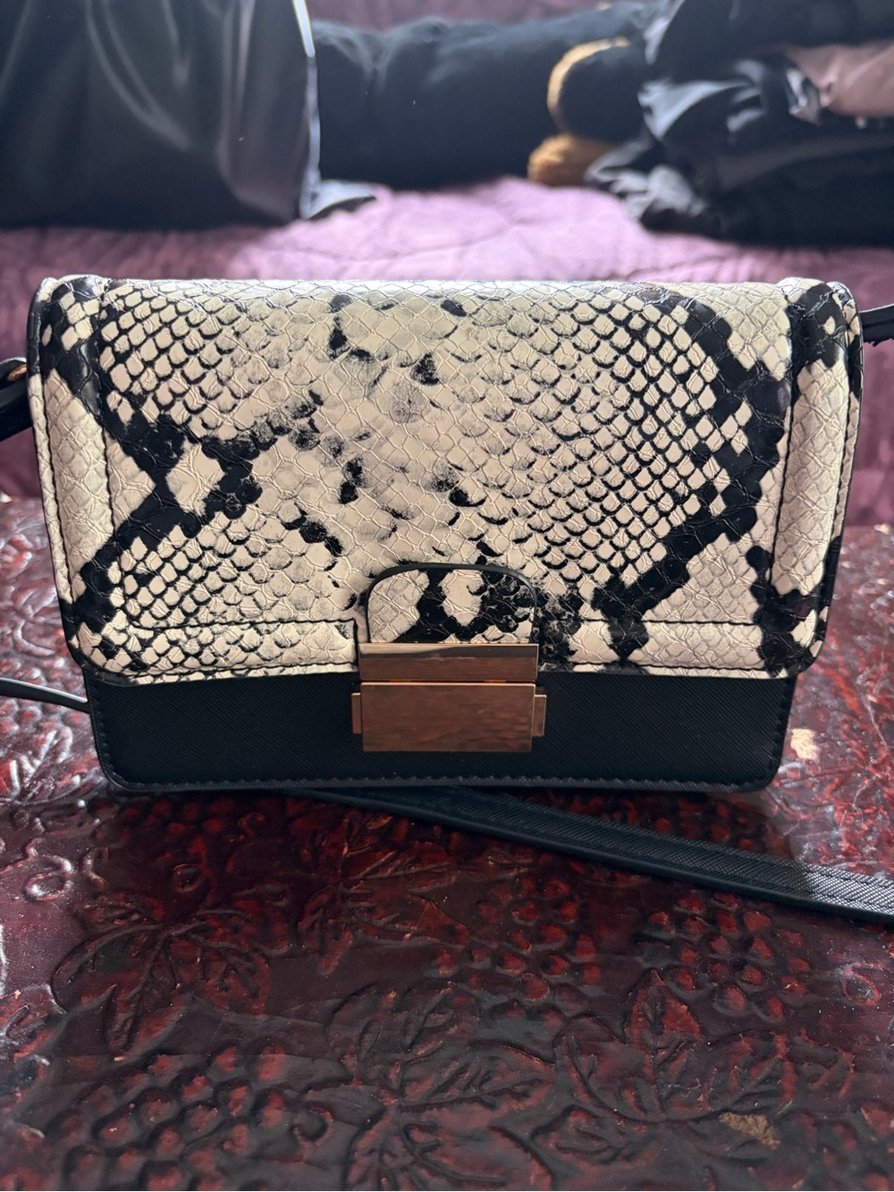 Madison West Black and White Snake-Print Mini Crossbody